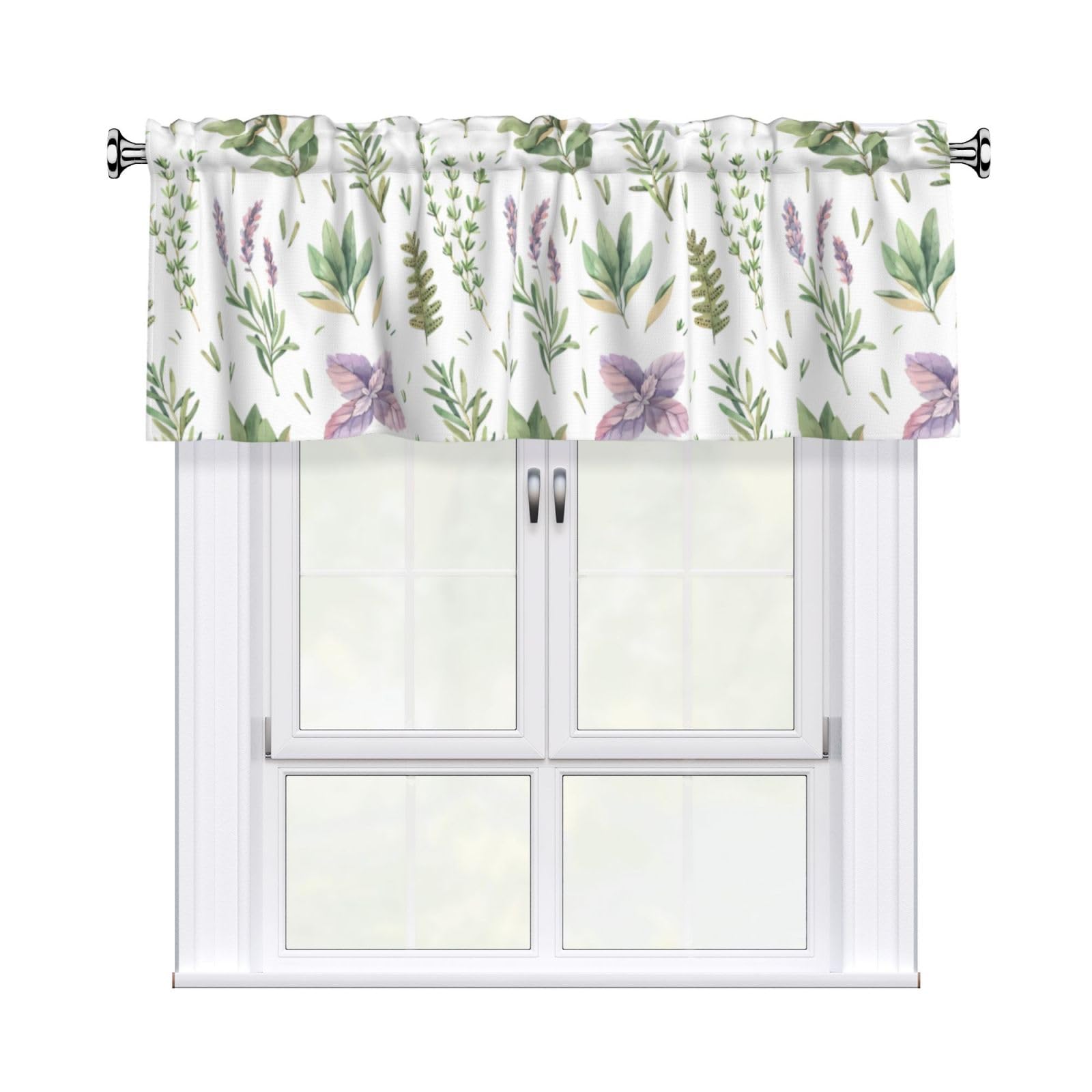 WHJSHOP Green Flower Herb Sage Leaves and Branches Prints Curtain Valance 54x18 Inch - Peach Skin Window Layer with Delicate Print, Filtered Light for Kitchen Use