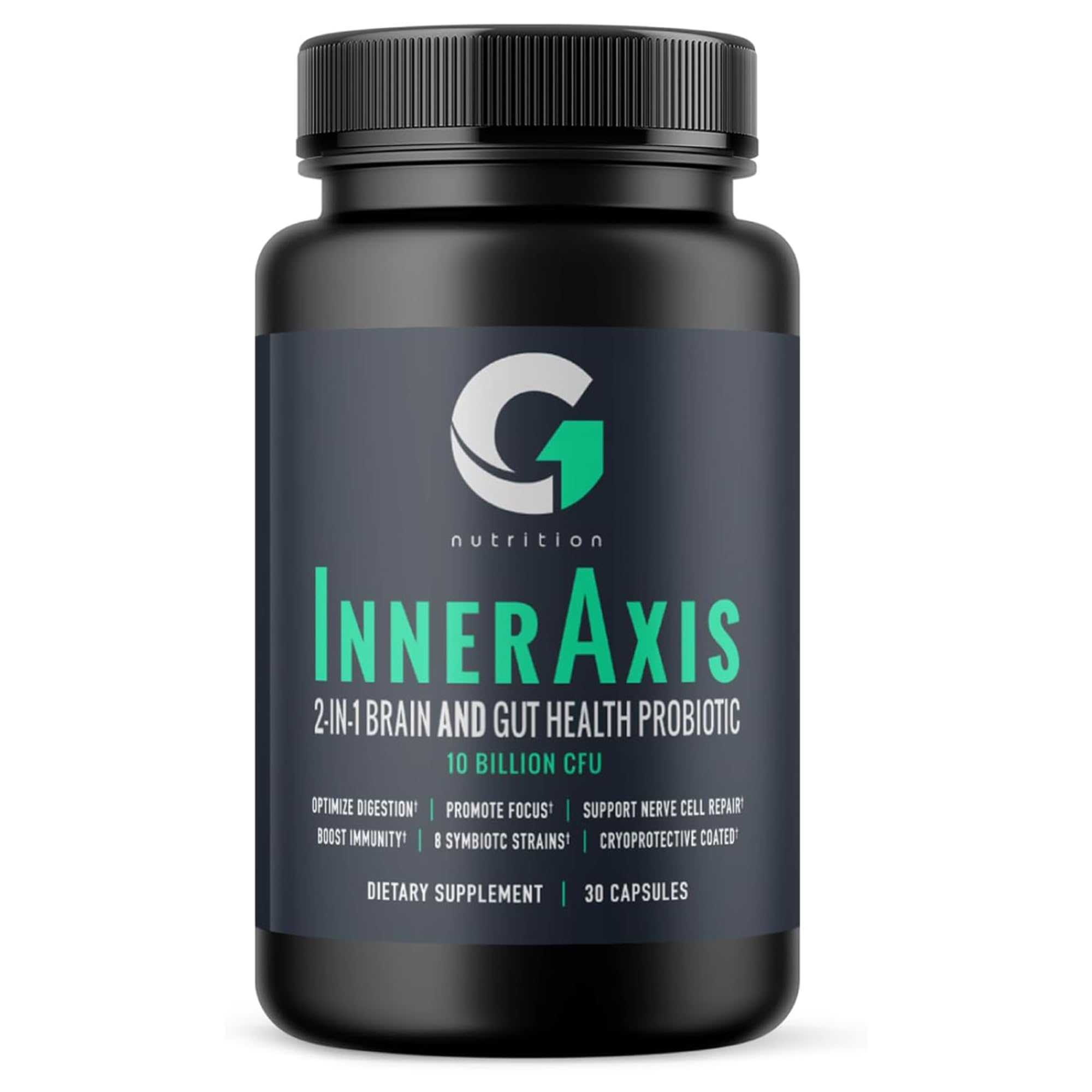 InnerAxis 2-in-1 Brain and Gut Health Probiotic, 10 Billion CFU, 8 Symbiotic Strains for Gut, Psychobiotic, Mood and Brain Support, Acidophilus Probiotic for Women and Men, 30 Servings