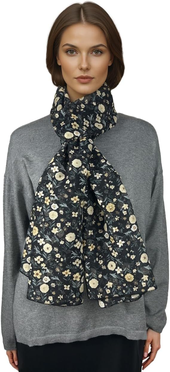 Écharpe Femme Légère En Soie Et Coton - Motif Floral, 200x70 Cm, Douce Et Respirante Pour Toutes Les Saisons