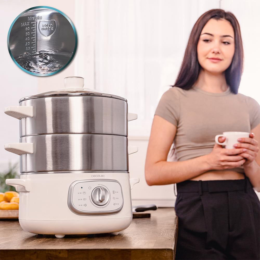 Cecotec Elektrischer Dampfgarer Vapovita Steelpot Weiß. Leistung 1300W, Edelstahlbehälter, 10L, einstellbare Zeit, automatische Abschaltung, einfache Reinigung, spezieller Deckel, gesundes Kochen