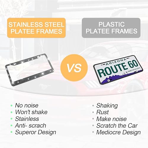 Miniatura 4 de YALOK Marco de matrícula de automóvil con diamantes de imitación brillantes, de acero inoxidable, universal para la mayoría de automóviles, SUV,