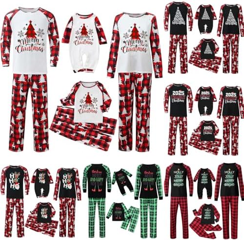 Family Christmas Pajamas Matching Sets Reindeer Graphic Buffalo Plaid Holiday Sleepwear Long Sleeve Nightwear Set