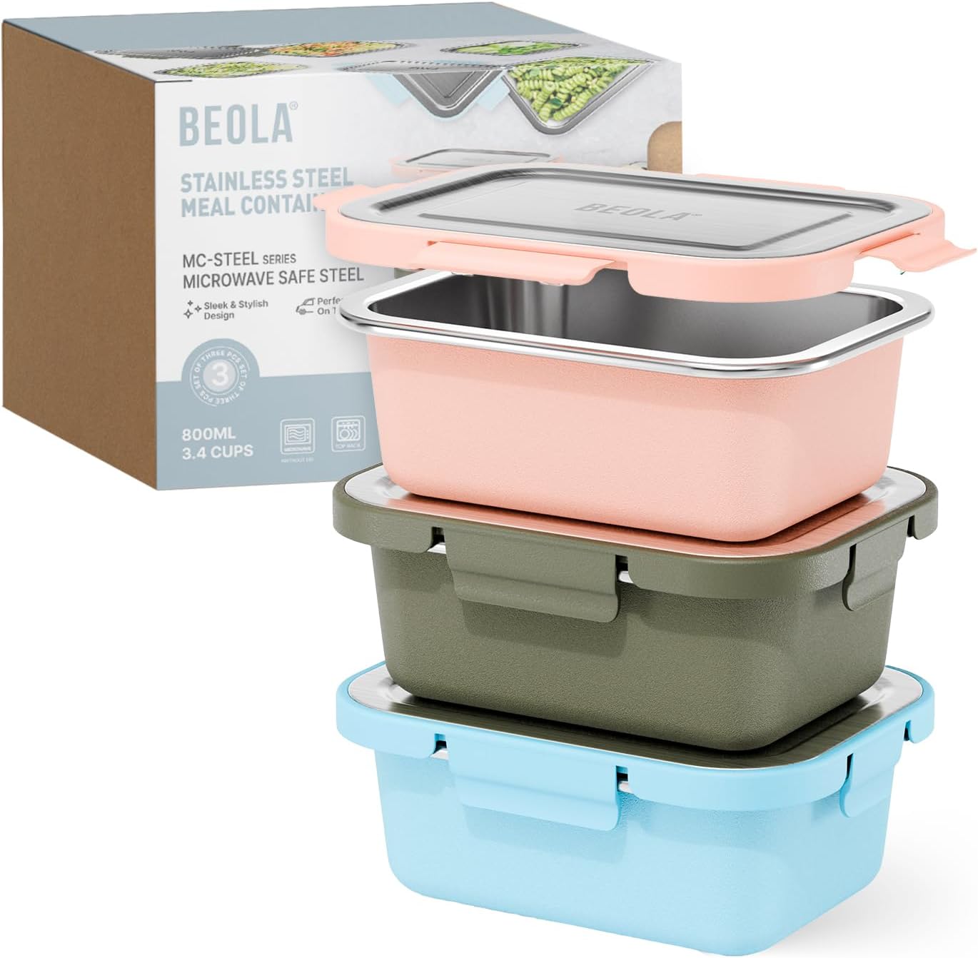 BEOLA Microwave Safe Stainless Steel Lunch Box 3pcs Set MC-Steel™ 18/8