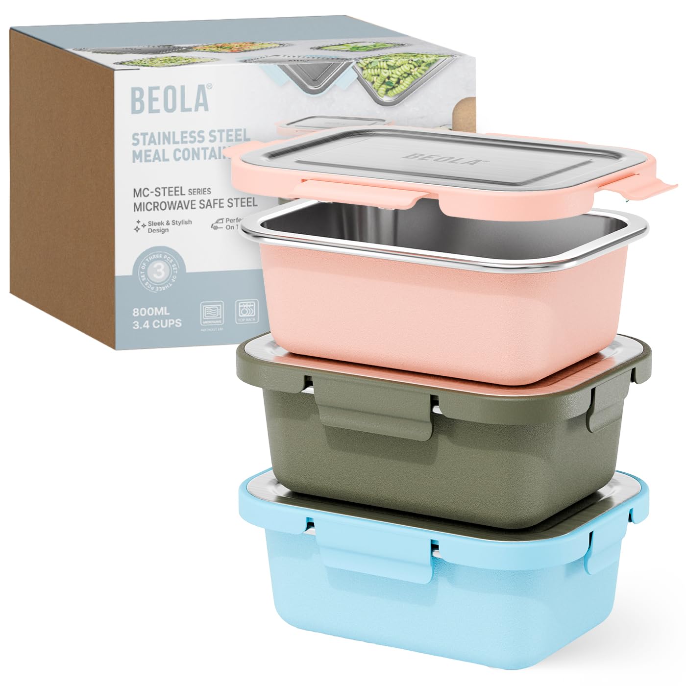 BEOLA Microwave Safe Stainless Steel Lunch Box 3pcs Set MC-Steel™ 18/8 Meal Prep Food Storage Container, Pink Stainless Steel Lunch Boxes for Kids, Bottle Steel Kitchen Box (800ml Mix Colors)