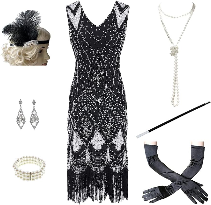 1920s Women's Gatsby Costume Flapper Dresses V Neck Fringed Dress with 20s Accessories Set of 7