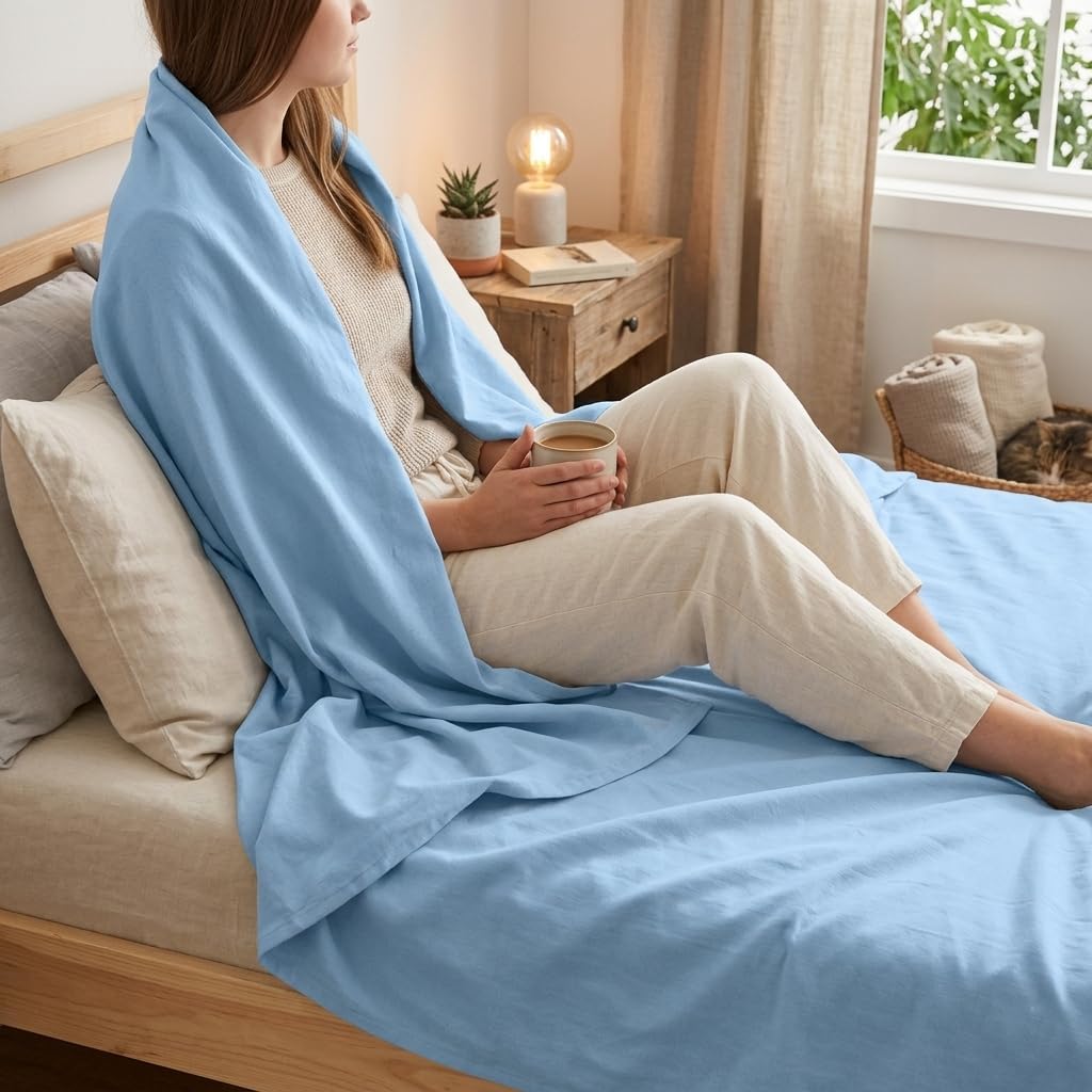 Urban Villa Cotton Thermal Blanket Made from 100% Soft Premium Cotton, Plain Weave, SkyBlue, Twin 66"x 90", Perfect for Layering in Bed, LINT Free