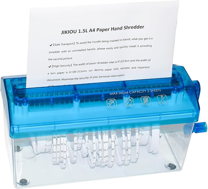 Standard A4 Paper Hand Shredder Portable for Office Home Blue | Affordable, Non-slip, Information High Security, Desktop Size, 1.5L Clear Plastic Window, No Power and Easy to Use for Gift