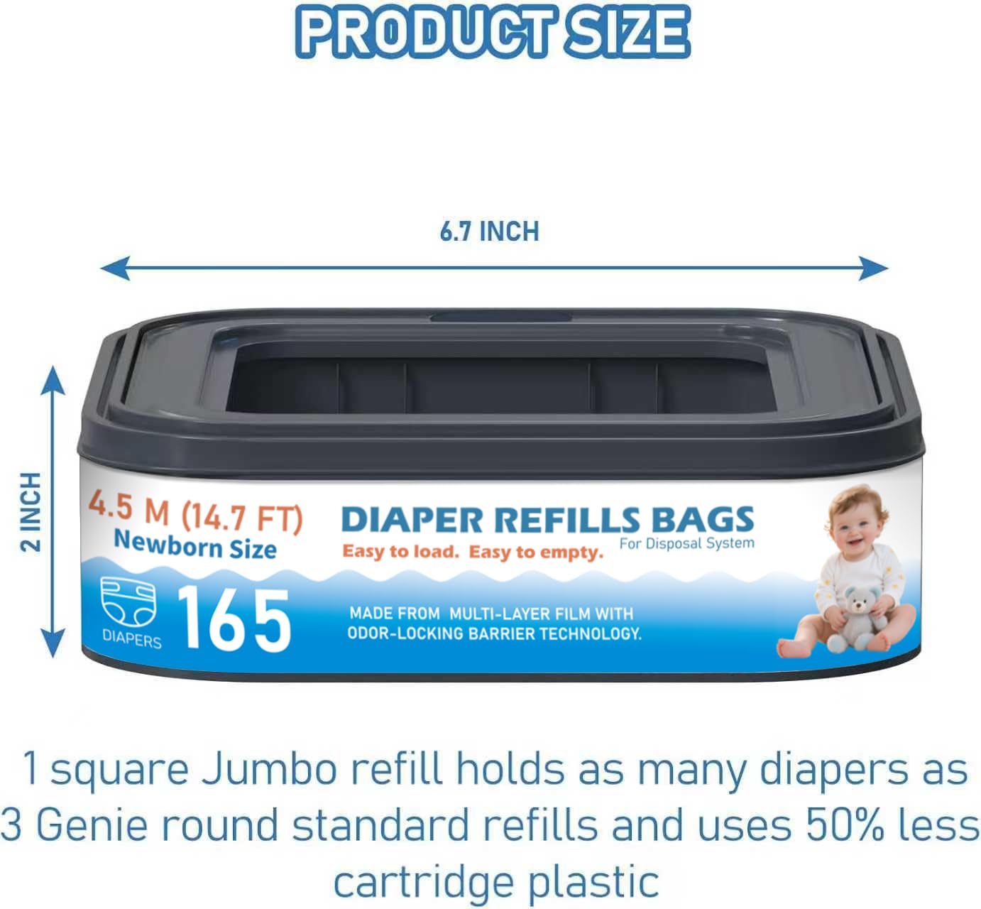 Standard Square Refills Disposal Bags Refill Compatible with Diaper Genie Compact, Select (Not Fit Classic Version Pails), Hold Up to 165 Newborn-Sized Diapers Per Refill, 6 Packs