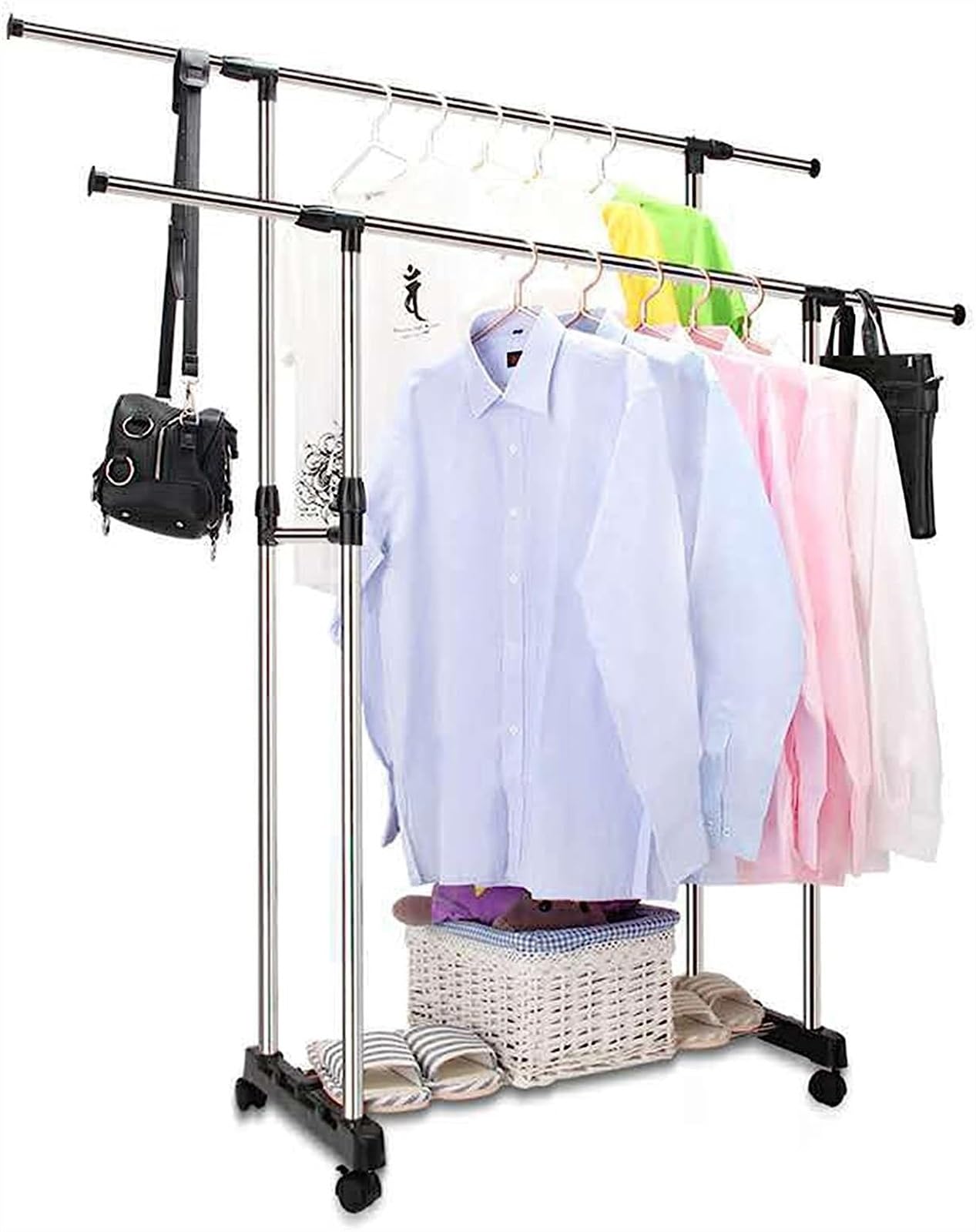 Porte-vêtements réglable double penderie extensible à roulettes