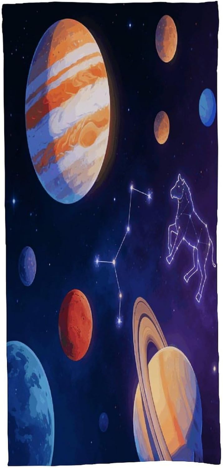 Planets and Constellations Bath Towel, Highly Absorbent & Quick Drying Beach Towel, Compact & Lightweight Pool Towel for Bathroom, Beach, Pool, Gym, Spa, and Hotel Use