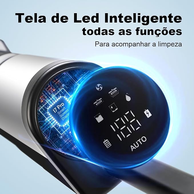Visor LED circular inteligente do aspirador Liectroux i7 Pro exibindo informações de bateria e modos de uso