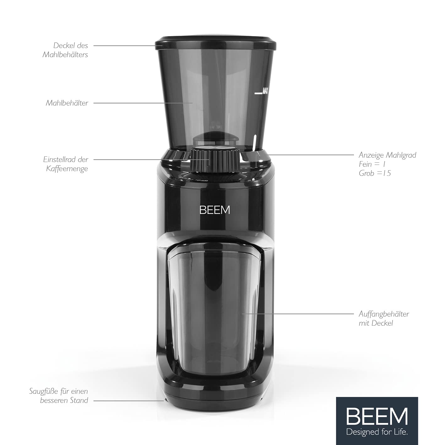 BEEM 3980 Grind-Intense Molinillo de café eléctrico, 160 g, mecanismo cónico de acero inoxidable, ajuste de grado de molienda de 15 niveles, recipiente de granos extraíble, 150 W
