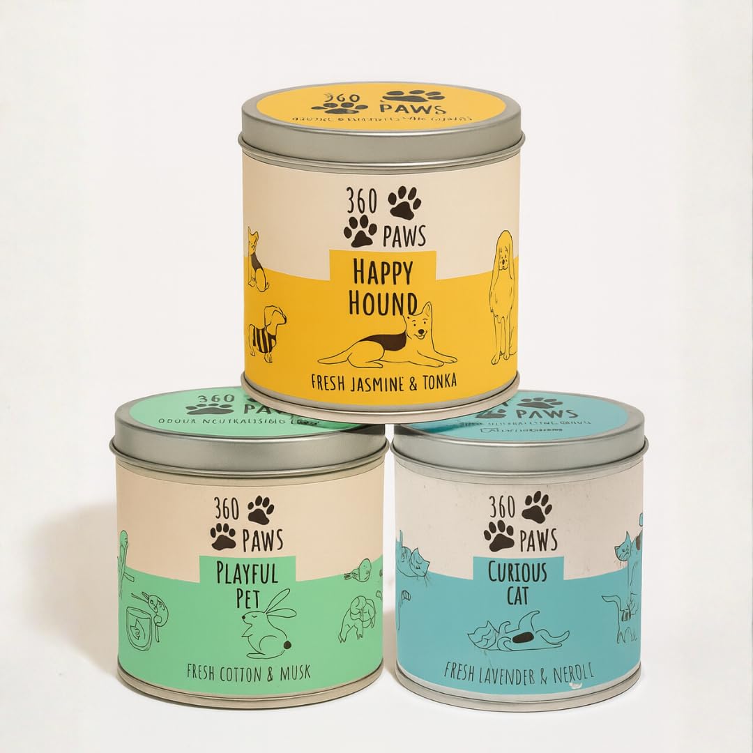 360Paws Blue, Yellow, Green 360 Paws Odour Neutralising Candle Trio – Fresh Cotton & Musk, Jasmine & Tonka & Lavender & Neroli | Pet-Themed Tin Candle Set For Fresher Homes, Living Rooms, Bedrooms & Pet Areas
