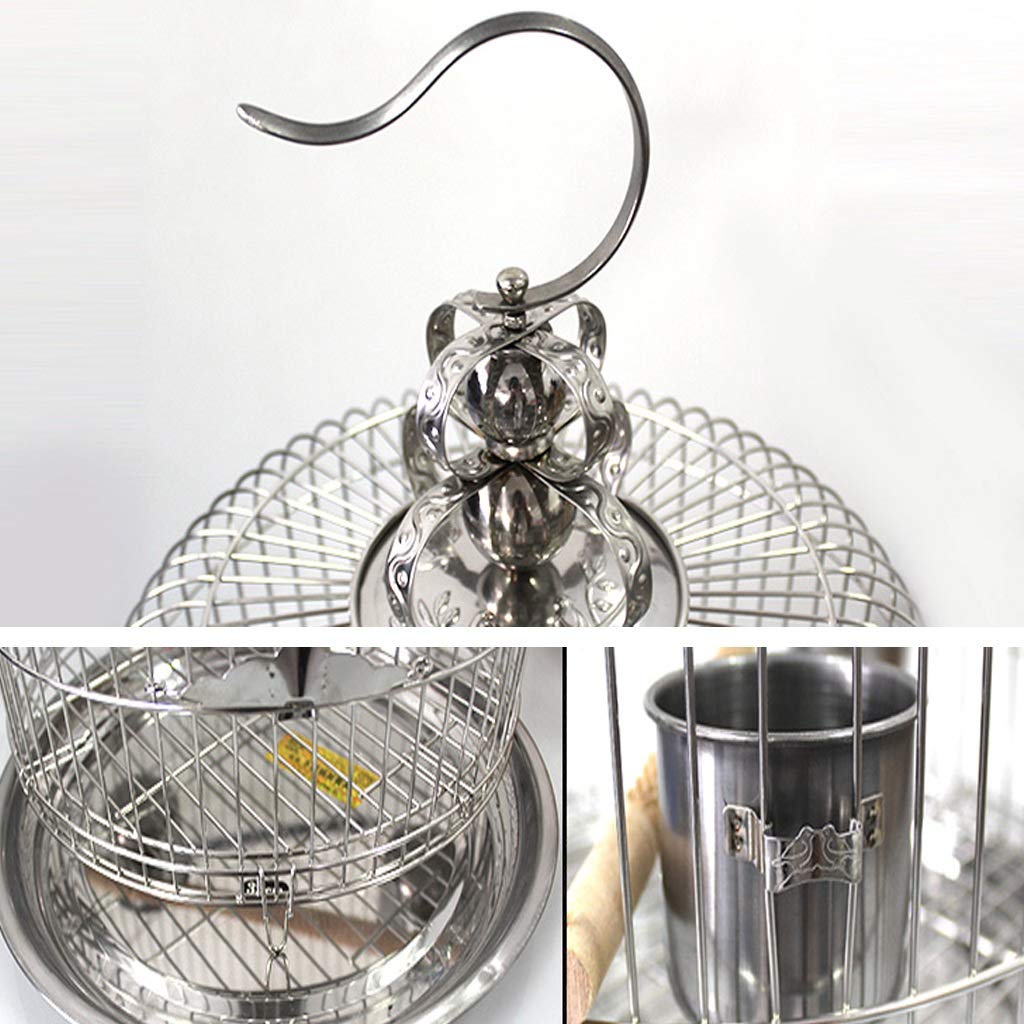 Gabbia per uccelli rotonda in acciaio inox per pappagallini, fringuelli, canarini, da appendere, gabbia per animali domestici (34 cm)