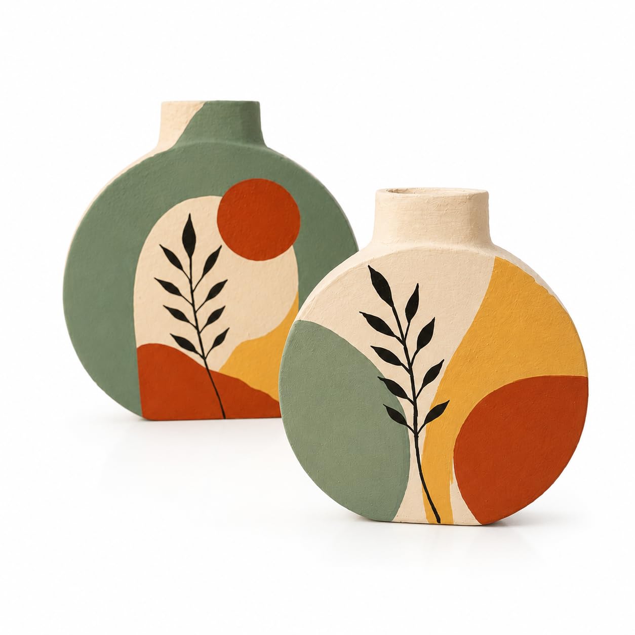 ARTYSTA Handpainted Terracotta Vase Set of 2 | Green Boho Modern Decorative Dry Flower Vases for Home Décor | Small Vases for Decor | Housewarming Gifts | Eco-Friendly Pots | Round Flat Shape Pots-image-13