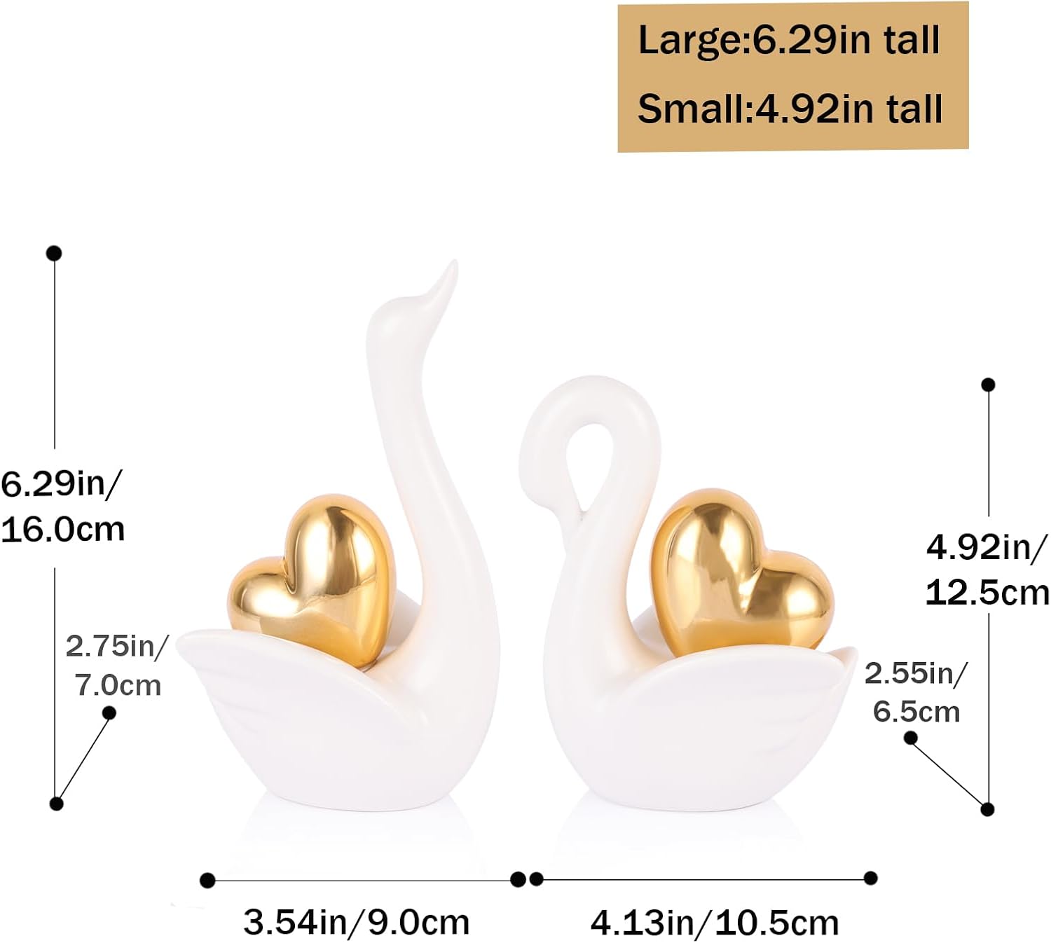 Ceramic Swan Couple Figurines – White Swan with Gold Heart Statue, Romantic for Couples Parents, Swan Decor Wedding Mini Statues, Bedroom Dresser Shelf Decor Knick Knacks - Image 3