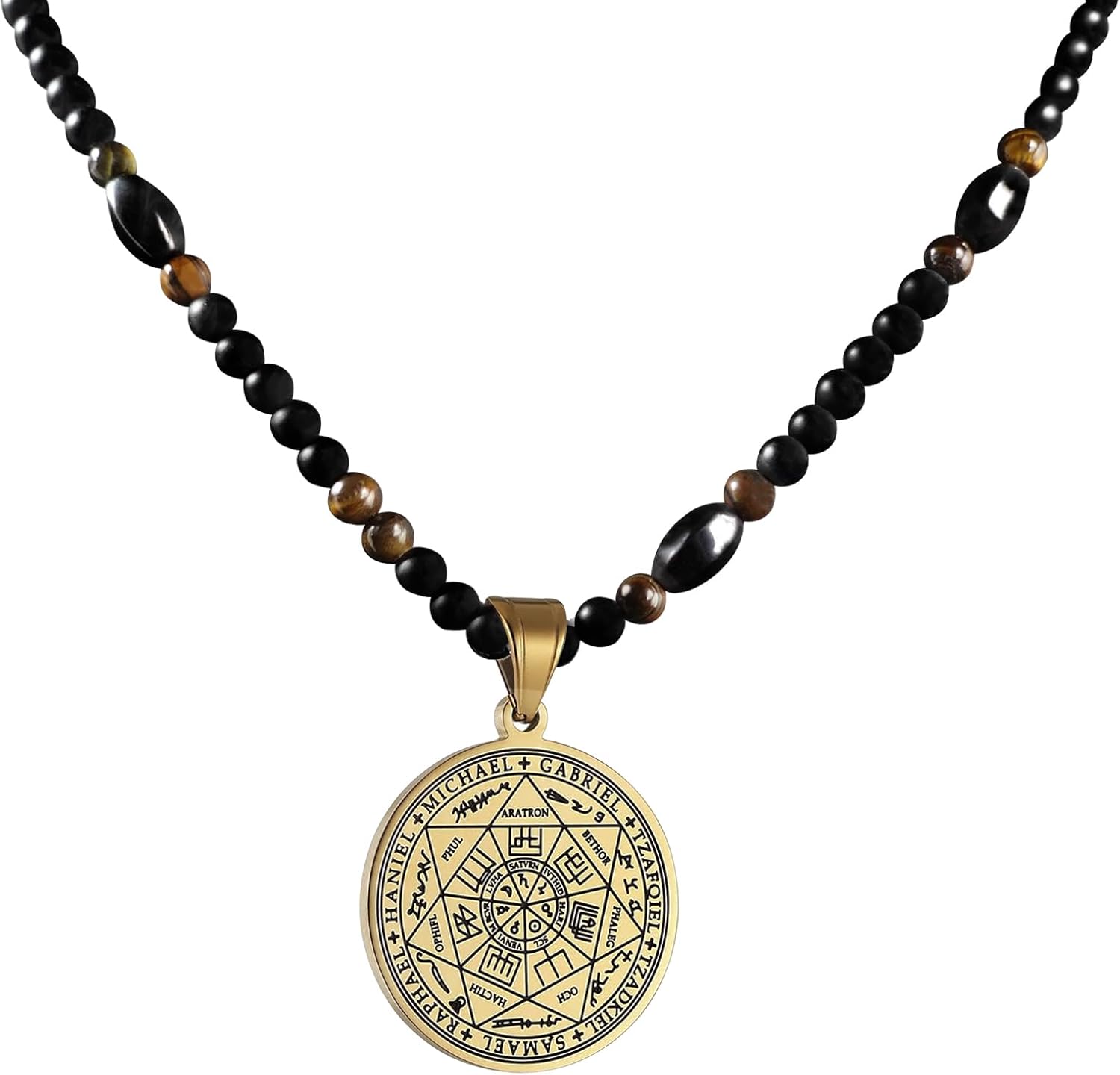 Ankh Cross Pendant Ancient Egyptian Hieroglyphic Symbol of Health and Eternal Life Men Cross Necklace with Tiger Eye Stone Obsidian Hematite Triple Protection Crystal Beads Chain