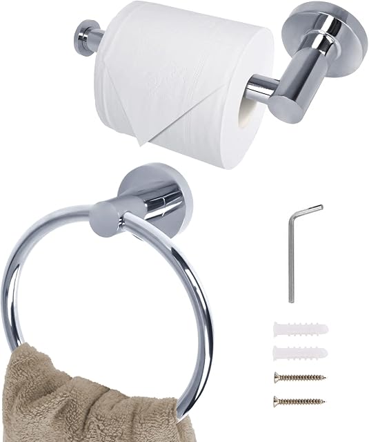 SPDYCESS Wall Mounted Toilet Roll Holder and Towel Holder Toilet Paper Holder and Towel Ring Set - 2 Pcs Stainless Steel Bath Hardware Accessory for Bathroom Kitchen - Silver