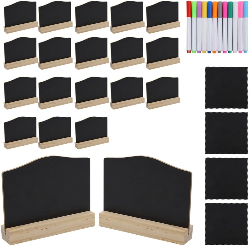 Chalkboard Tabletop Signs, 20 Pcs Mini Wooden Chalkboard Labels with Base, Water Color Pens, Wipe Cloths for Wedding Buffet, Double Sided