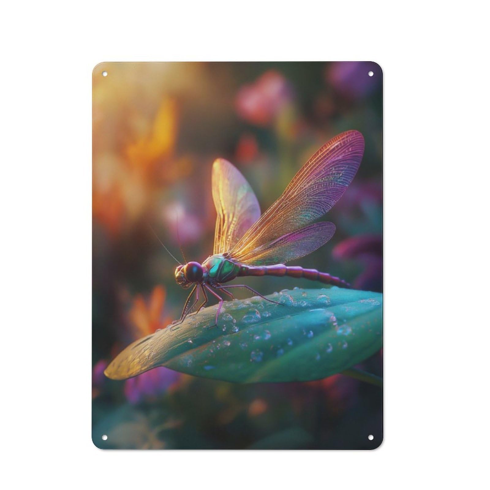 Metal Plaque with Dragonfly on Leaf Design 40x30cm, Cosy Diner Style Decor for Coffee Bar, Kitchen, Bistro Or Tea Corner