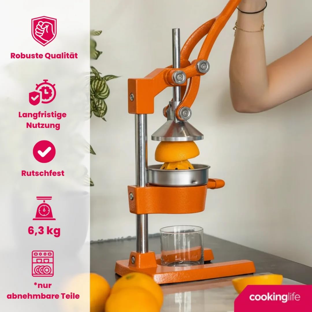 Cookinglife Gusseisen-Zitruspresse – Manuelle Orangenpresse – Limettenpresse & Zitronenpresse – Orange - Gastronomietauglich