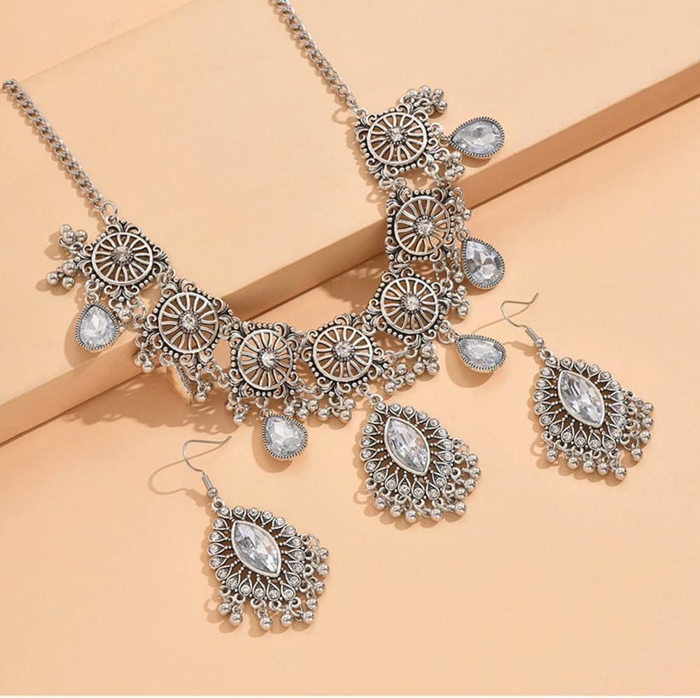 Bohemian Dangling Tassel Jewellery Set Austrian Crystal Antique Silver Oxidized Ethnic Bridal Wedding Party Prom Wear Statement Necklace Dangle Earring Bollywood Choker Fashion Gift for Bride Women - Image 4
