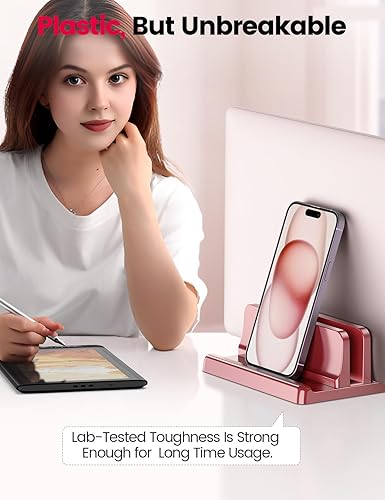 Miniatura 6 de Vaydeer Soporte vertical para laptop para escritorio, soporte de plástico de doble ranura para laptop con diseño 4 en 1 que ahorra espacio, soporte