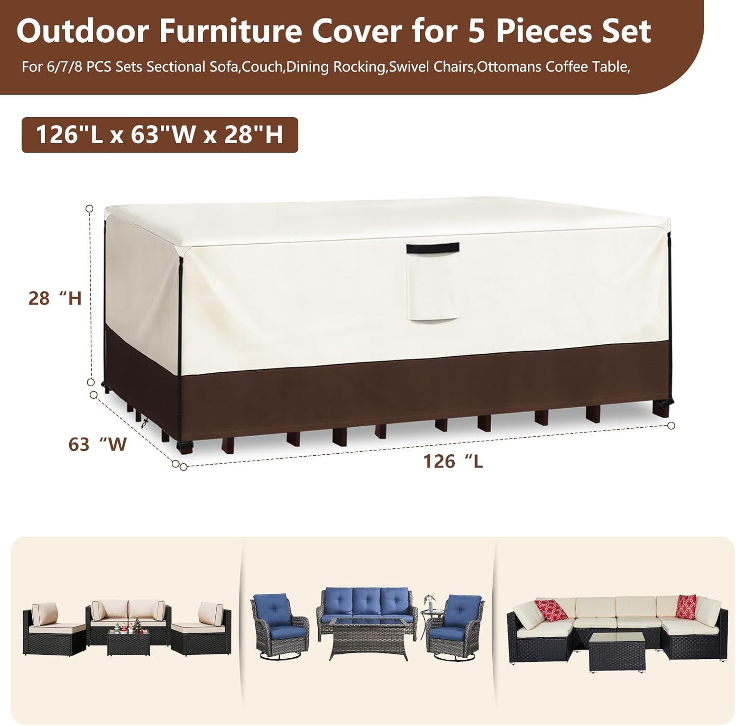 Patio Furniture Covers Waterproof,Heavy Duty Outdoor Furniture Covers, Rectangle Patio Table Cover Fits 5-8Piece Sectional Set Outdoor Chair Couch Table Sets(126" L x 63" W x 28" H)