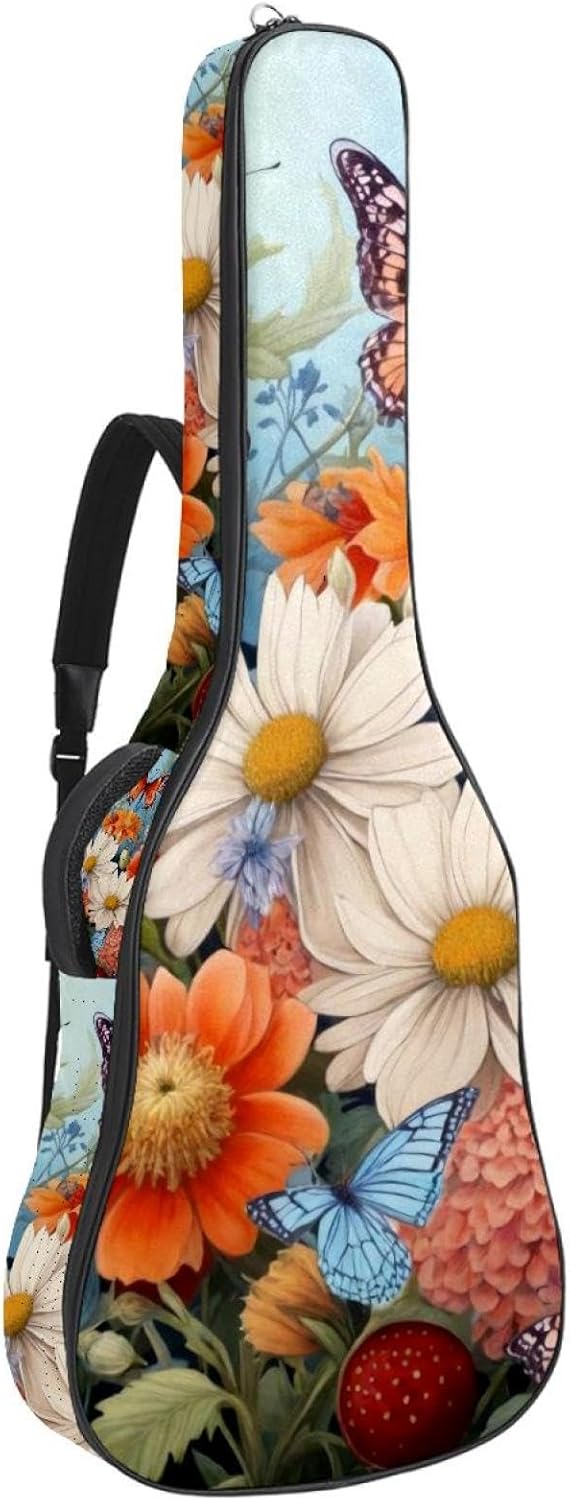 Acoustic Guitar Bag 0.4 Inch Thick Padding Waterproof Guitar Case Gig Bag for 40 41 42 Inch Electric Bass Classical Guitar, Colorful Butterflies and Flowers