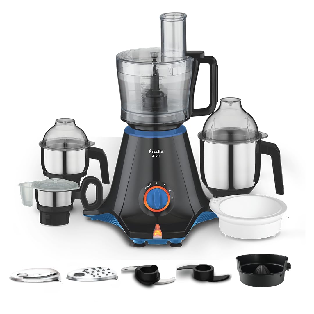 Preethi Zion Mixer Grinder for Kitchen - 4 Jars 750 Watt Mixie (3 Stainless steel Jars+1 Master Chef Plus Food processor Jar), Flexi lids, Vega W5 motor, Black (MG-227)-image-7
