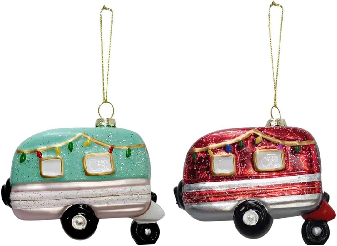 Pack of 2 Christmas Pendants Glass Caravan Caravan Camping Tree Decoration Christmas Tree Decoration
