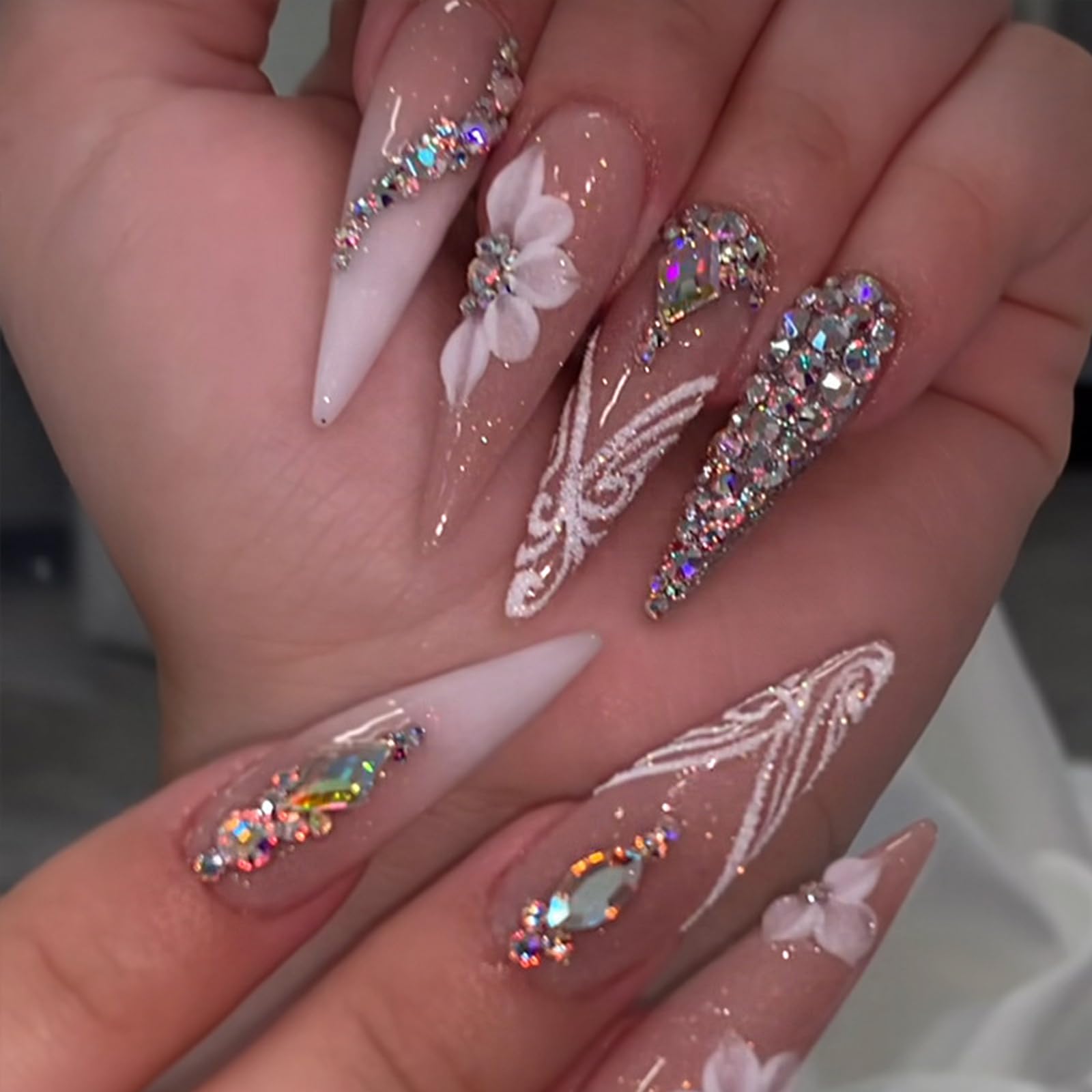 UEYRSEDB Long Press on Nails Stiletto Luxury Fake Nails with Flower Rhinestones Charms Designs White Ombre French Tip Glue on False Nail Spring Flower