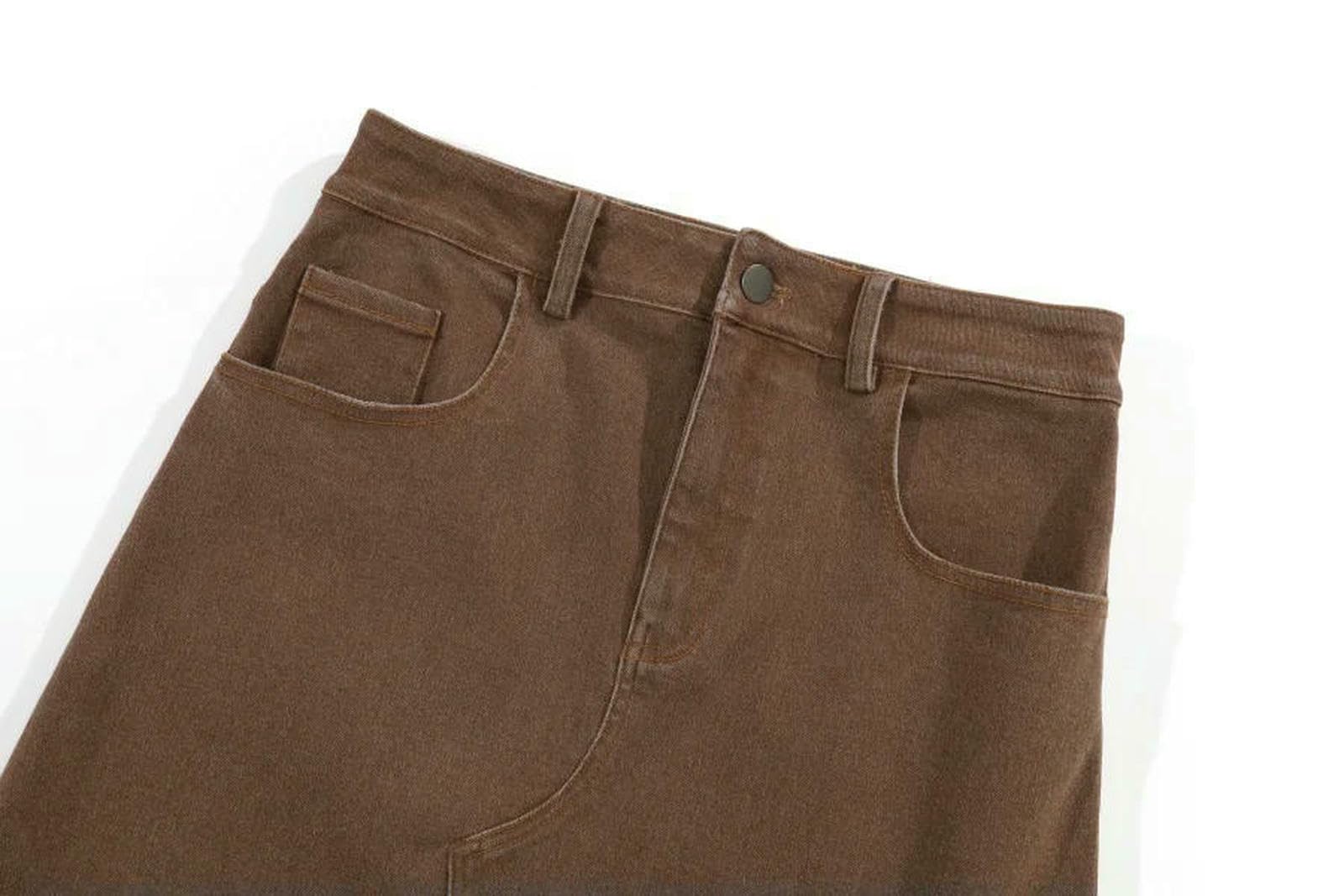 Langer Rock Damen Frau Elastischer Denim Mode Dame Tragen Stoff Mit Stretch (Taille Breit Kann Zu 2-3cm Sein)-Brown-xs