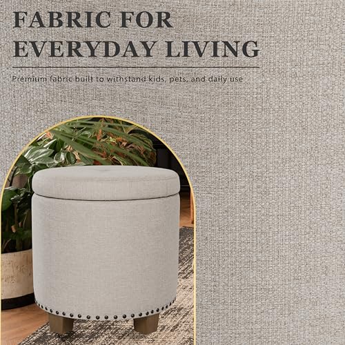 Image of HomePop 18.5 inch Round Storage Ottoman with Nailheads - Light Brown Fabric