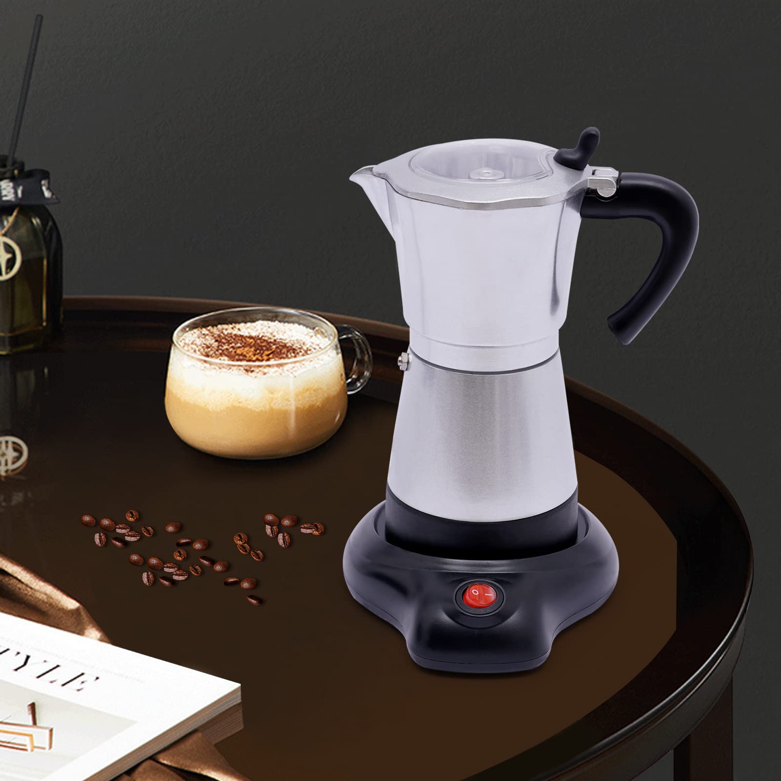 Cafetera eléctrica de 480 W, cafetera italiana con 2,5 bares de presión, cafetera de 300 ml para espresso, cafetera de camping con válvula de seguridad para estufa y camping, color plateado