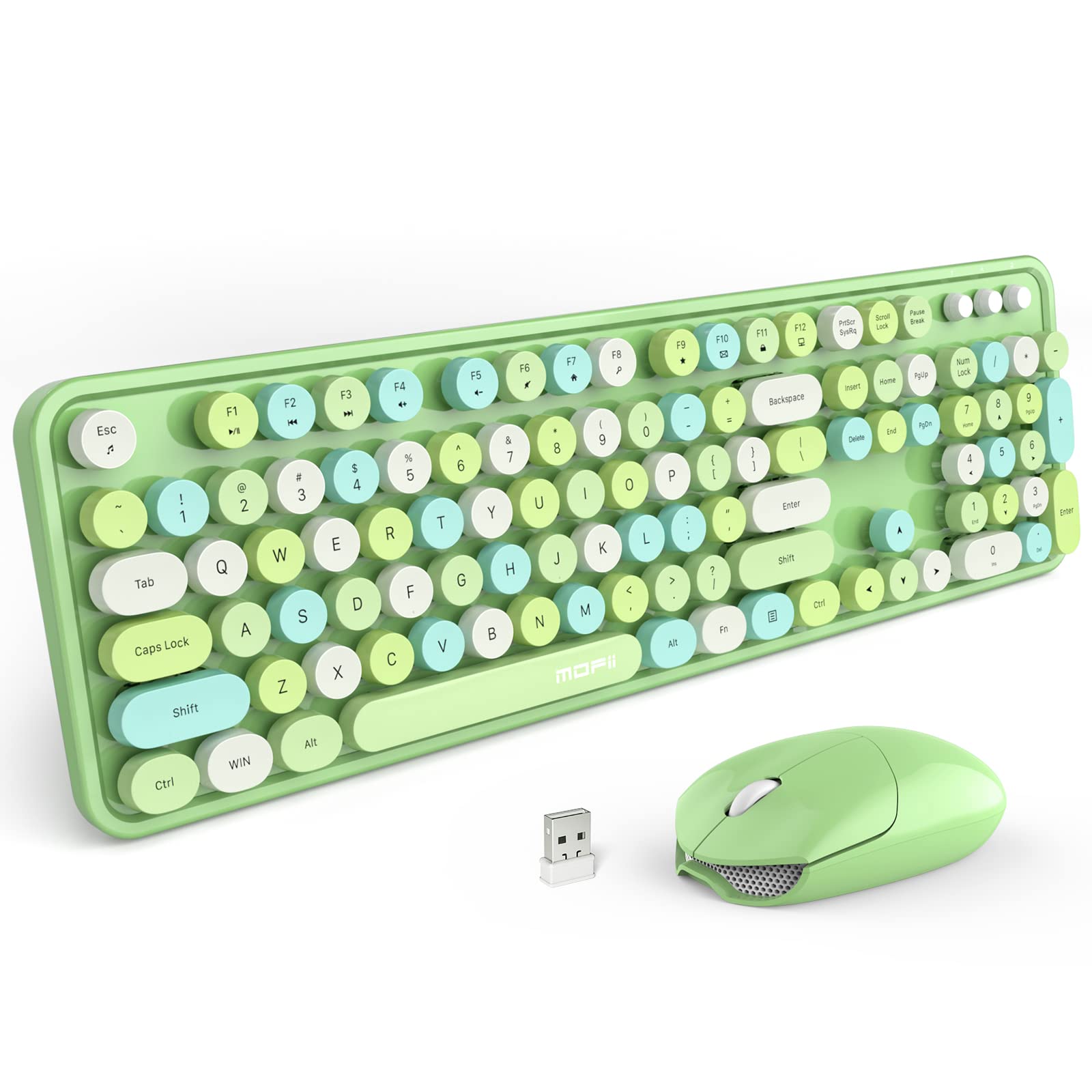 MOFii Wireless Keyboard and Mouse Combo, 2.4Ghz USB Full Size Typewriter Keyboard with Number Pad and Sport Car Mouse for PC Computer Desktop Windows (Green Colorful)