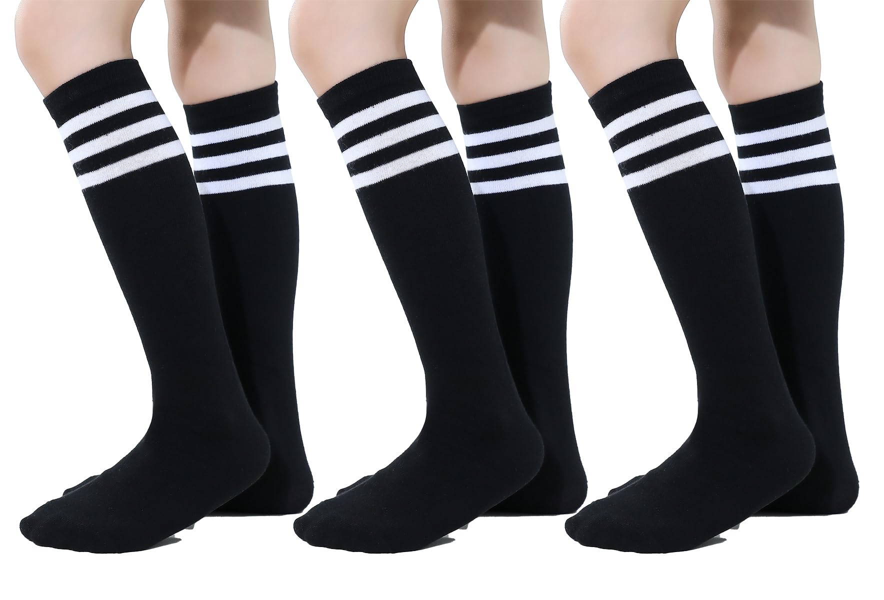 TOCONFFON Youth Soccer Socks Kids Boys Girls Baseball Outfit Knee High Softball Long Socks for Football Volleyball Athletic(White Strips 3 Pairs,3-6)