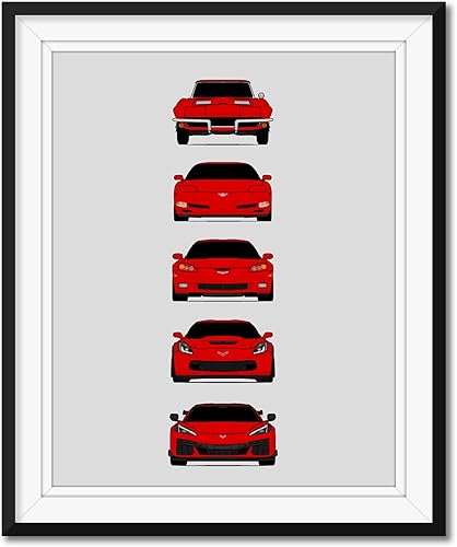 Chevy Corvette Z06 Generations Inspired Car Poster - Handmade Print of Chevrolet Corvette C2 C5 C6 C7 C8 Z23- Red, 24x36" Metallic Print (Unframed)