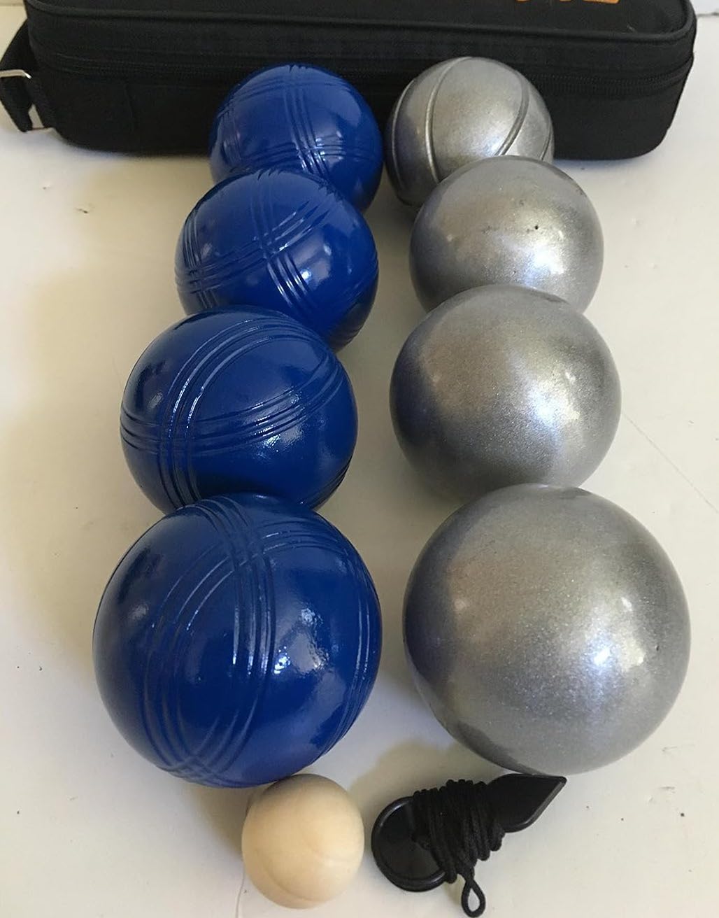 BuyBocceBalls Listing - 73mm Metal Bocce/Petanque 8 Ball Set with 4 Plain Grind Sand and 4 Blue Balls and Black Bag