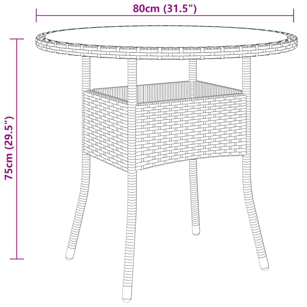 vidaXL Stolik ogrodowy, Ø80x75 cm, szkło hartowane i rattan PE, czarny, stolik, stół ogrodowy, stół na taras, stoliki, stoły ogrodowe, stoły na taras
