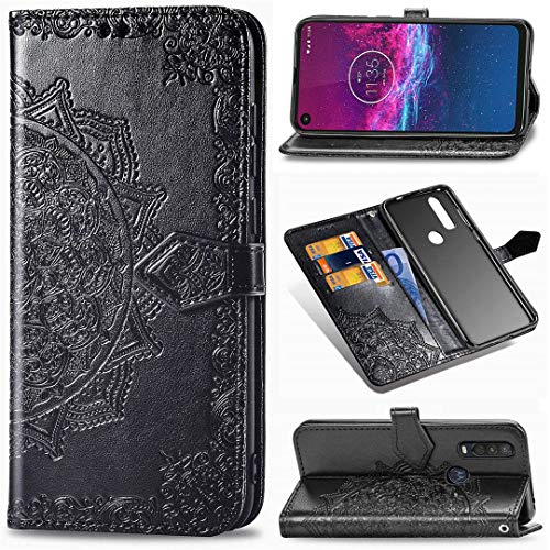 SATURCASE Hülle für Motorola One Action, Mandala PU Lederhülle Magnetverschluss Brieftasche Kartenfächer Standfunktion Handschlaufe Handy Tasche Schutzhülle für Motorola One Action (MA-Schwarz)