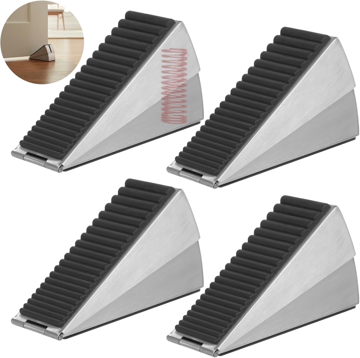 4 Pcs Adjustable Spring Loaded Door Stopper, Universal Stainless Steel Rubber Doorstop, 3 Inches High Heavy Duty Door Stopper Wedge for Bottom of Doors
