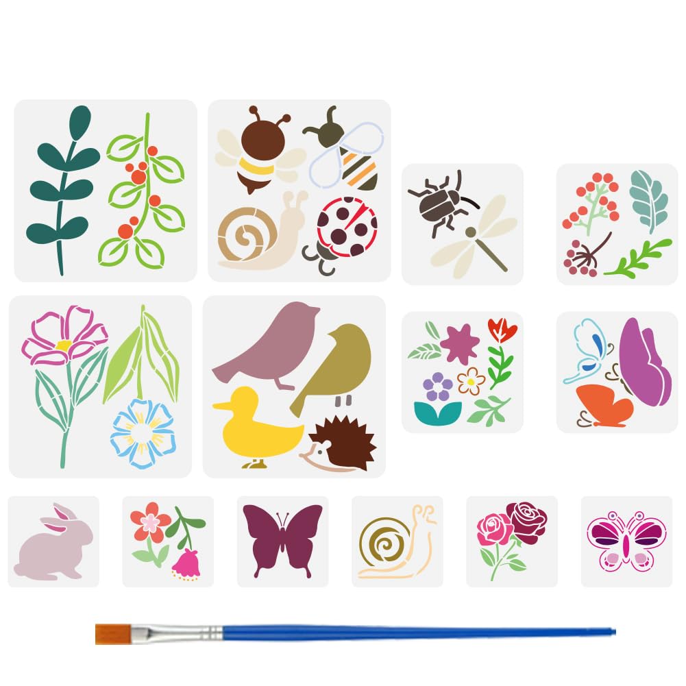 FINGERINSPIRE 14 plantillas de flores y animales con pincel de 15 cm/20 cm/30 cm flores y hojas plantilla mariposa pájaro conejo abeja DIY arte y manualidades plantillas para pintar sobre suelo de