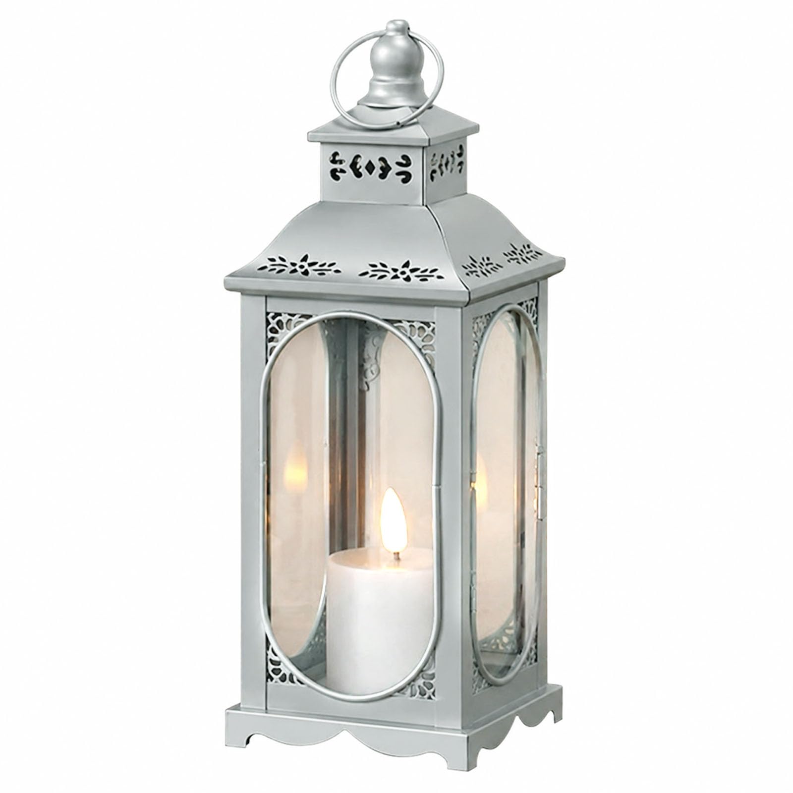 Lanterna argentata per candele, decorativa, 34 cm, in metallo, per esterni