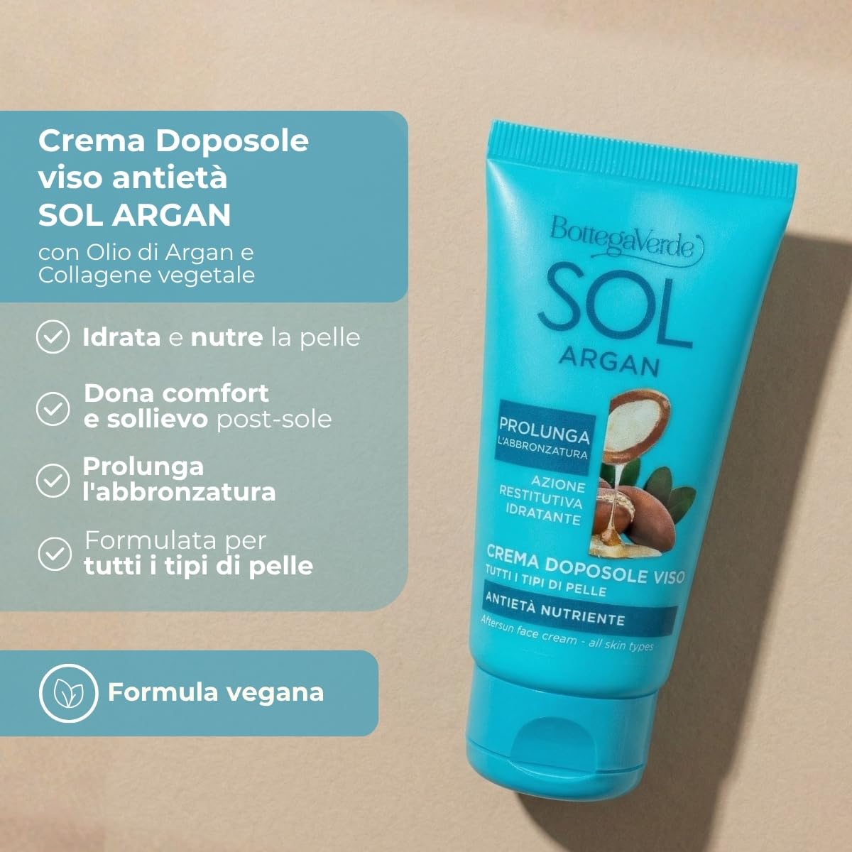 Bottega Verde - SOL Argan, Crema Viso Doposole, 50 ml, Antietà Nutriente, Prolunga l’Abbronzatura, Idrata e Dona Sollievo, con Olio di Argan e Collagene Vegetale, Per Tutti i Tipi di Pelle