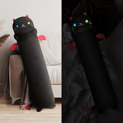 Almohada larga de peluche Kawaii con diseño de gato negro, con luz luminosa, animales de peluche con luz nocturna, almohada que brilla en la