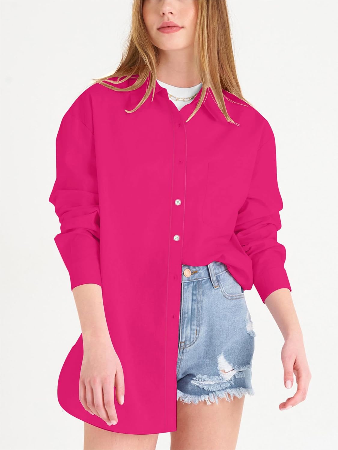 Paintcolors Womens Button Down Shirts Long Sleeve Dressy Casual Blouses Button Up Collared Shirts Tops for Women-Hot Pink03 M - Image 6