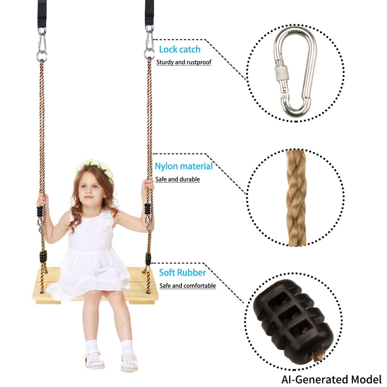 KINSPORY Columpios Infantiles de Madera, Columpio Jardín Exterior Niños con Cuerda de cáñamo Ajustable, para Uso Interior y Exterior, Columpios Infantiles hasta 130 kg