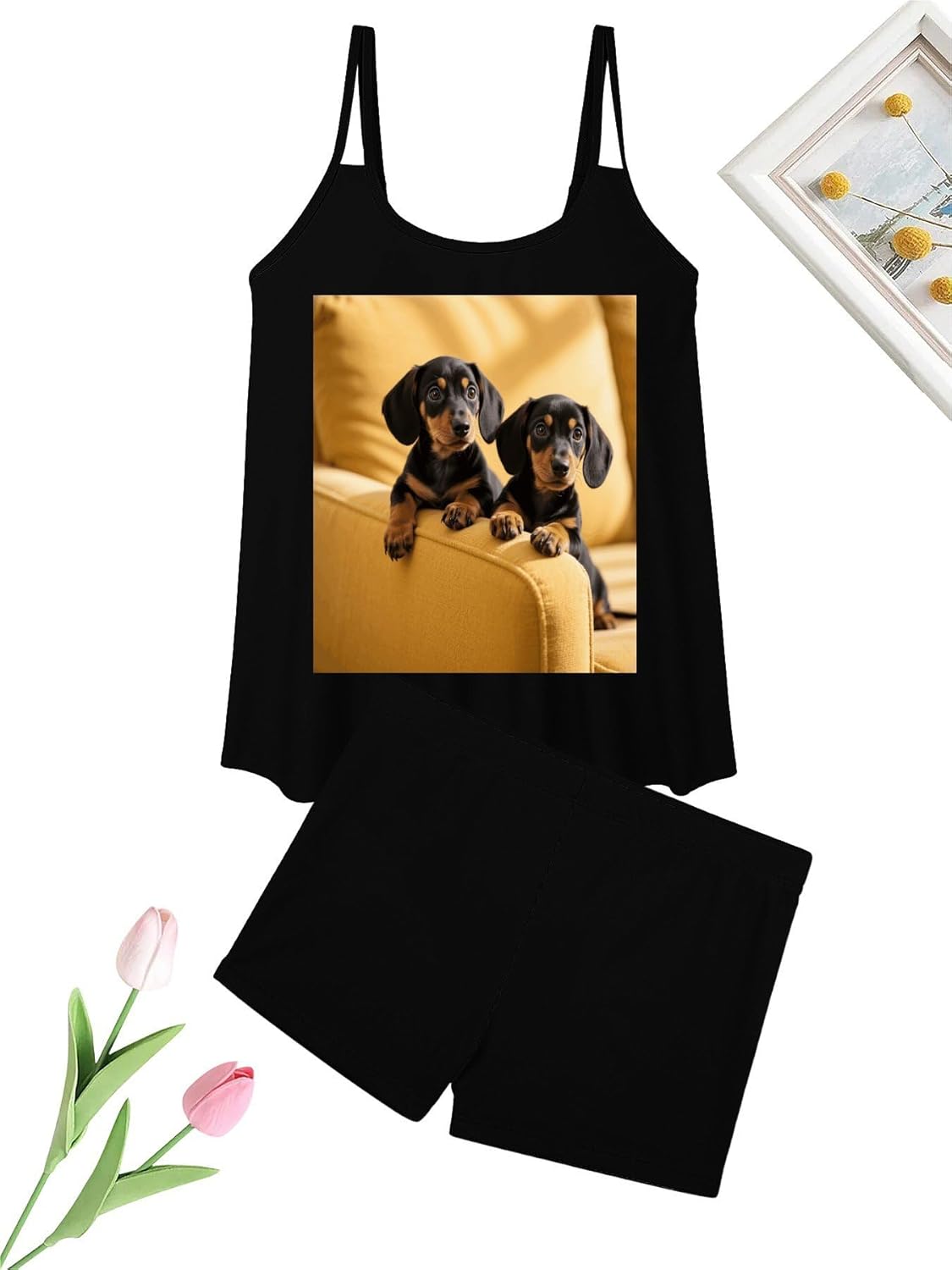 Cute Two Dachshund Dog Tankini Swimsuits for Women Tummy Control Two Piece Bathing Suits Swim Tops with Boy Shorts