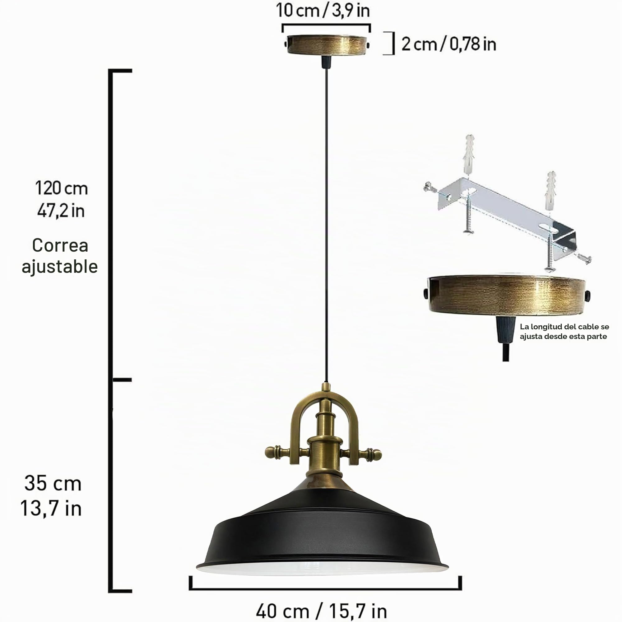 bamyum Asletl-Marina Lámpara Colgante Industrial, Pantallas de Lámpara de 40 cm, Lámpara Moderna de Metal para Isla de Cocina, Lámpara Colgante E27 para Salón y Comedor, Lámpara Colgante Negro Blanco